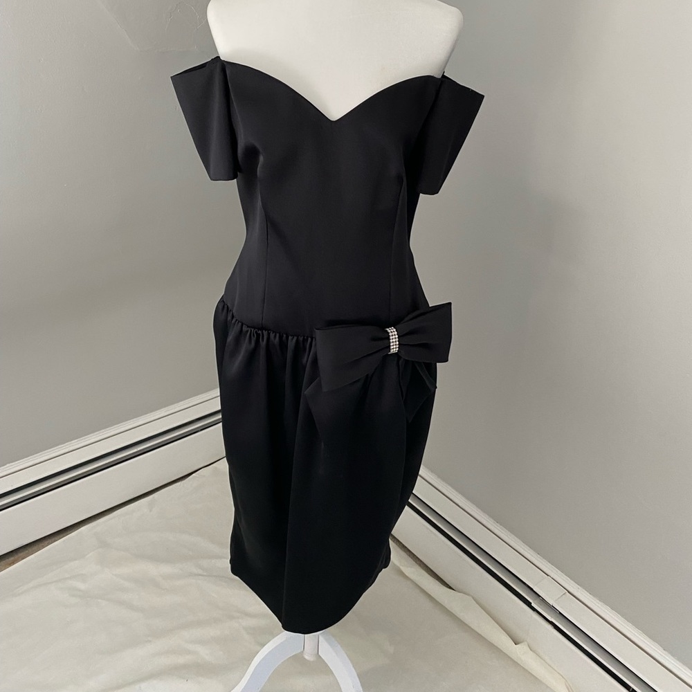 Black Off shoulder Dress with rhinestone bow
